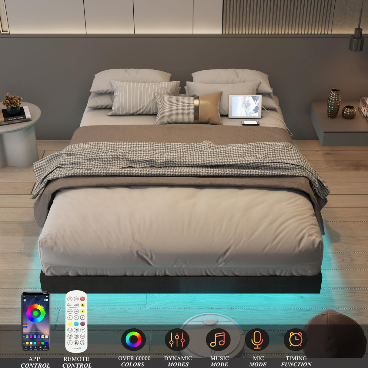 Muluflower Floating Bed Frame King Size with LED Lights and Charging Station, Black PU Metal Platform Bed Frame, Easy Assembly, No Box Spring Needed (King) Muluflower