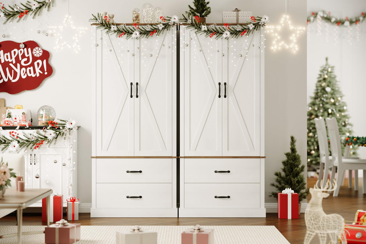 GarveeHome Kitchen Pantry Cabinet, Farmhouse Storage Cabinet with Barn Doors, Drawers and Adjustable Shelves, Versatile Storage for Kitchen, Dining Room, Rustic White GarveeHome