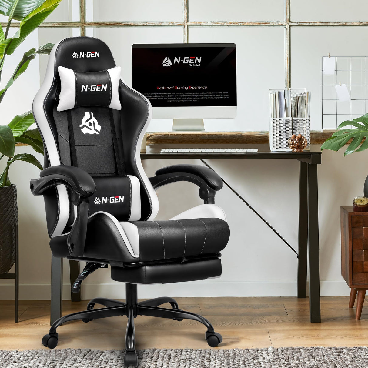 N-GEN Video Gaming Chair with Footrest High Back Ergonomic Comfortable Office Computer Desk with Lumbar Support Height Adjustable with PU Leather Recliner for Adults Women Men (White) NEO CHAIR