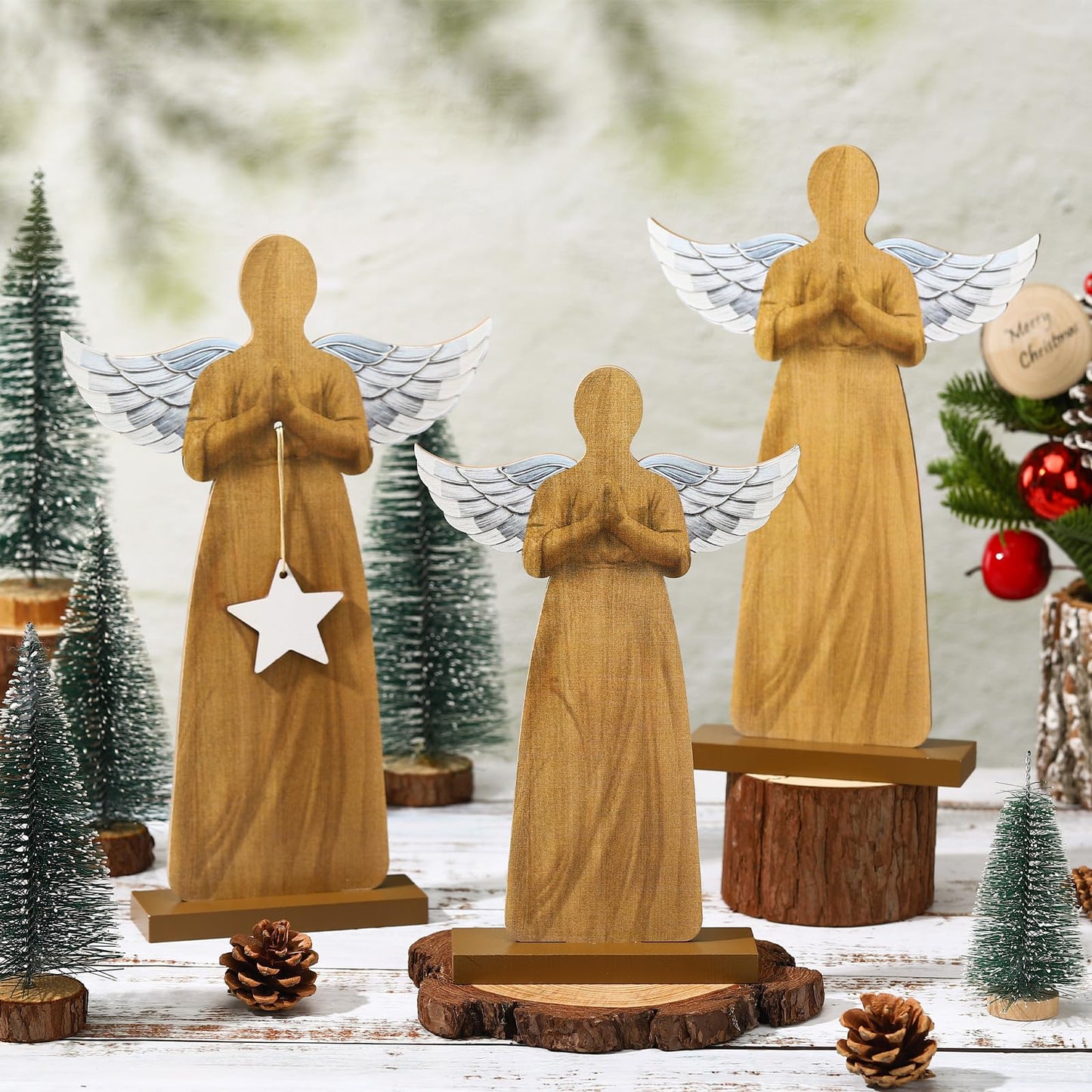 Suzile Set of 3 Wooden Angel Ornament Angel Statue Figurine Angel Shaped Christmas Ornaments Farmhouse Rustic Xmas Angel Table Crafts for Christmas Home