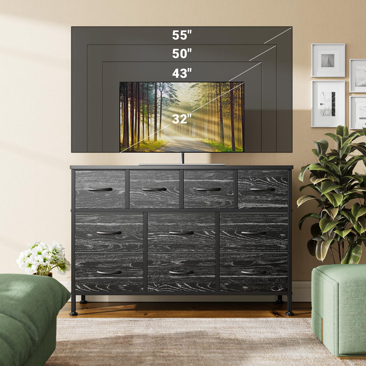 Lulive Dresser for Bedroom 10 Drawer Dresser TV Stand with Power Outlet, Entertainment Center Chest of Drawers for 55 Inch TV, Black Fabric for Bedroom Living Room Hallway Closets Lulive