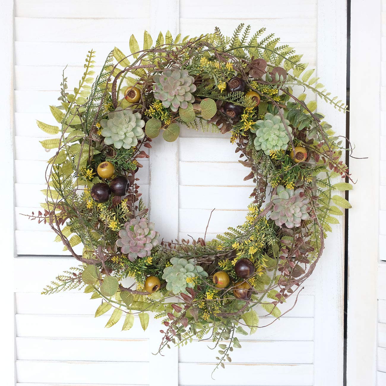 idyllic 22 Inches Christmas Wreath of Assorted Fern Leaves and Succulents Berry, Winter Spring Artificial Wreath for Front Door, Wall, Window, Farmhouse