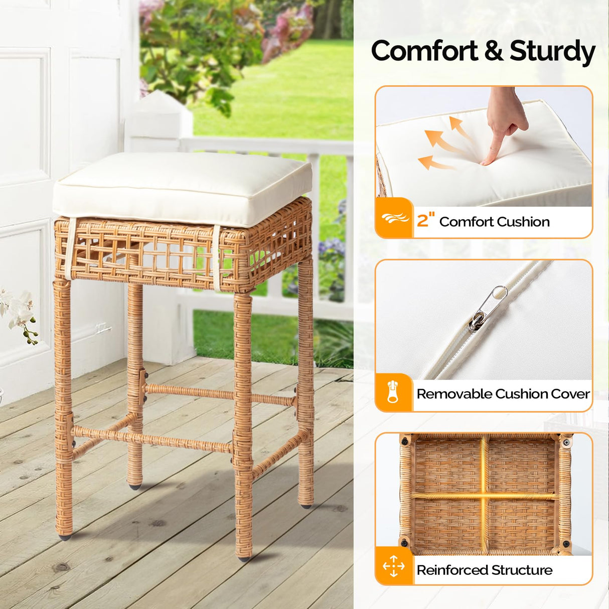 VINGLI 5 Piece Patio Wicker Bar Set, Outdoor Bar Height Table & 4 Rattan Bar Stool Chairs Outdoor Dining Bistro Set for Backyard, Balcony, Garden and Poolside VINGLI