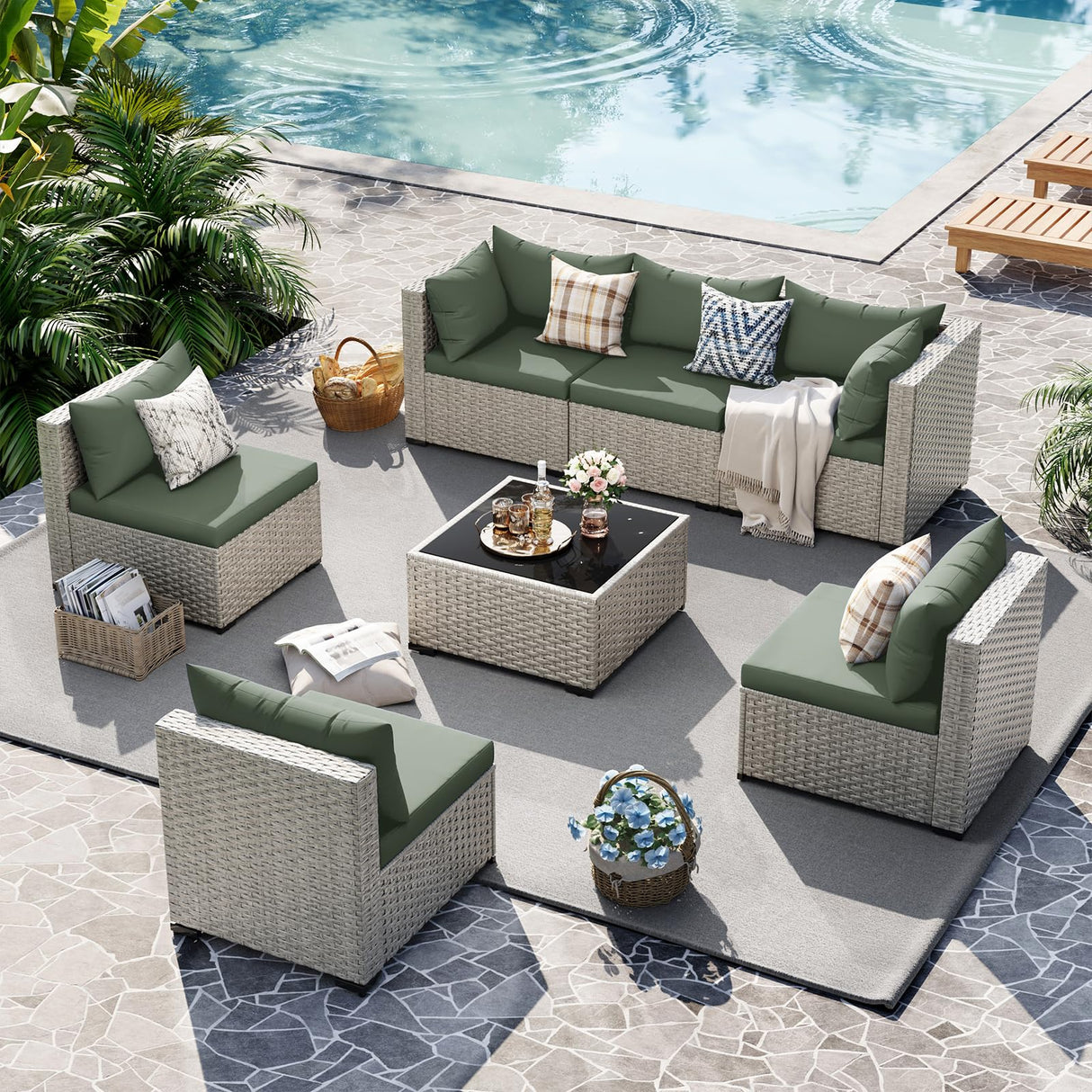 UDPATIO Outdoor Patio Furniture Set, 7-Piece PE Wicker Sectional Sofa with Tea Table, Outdoor Conversation Set for Patio, Garden, Backyard Green UDPATIO