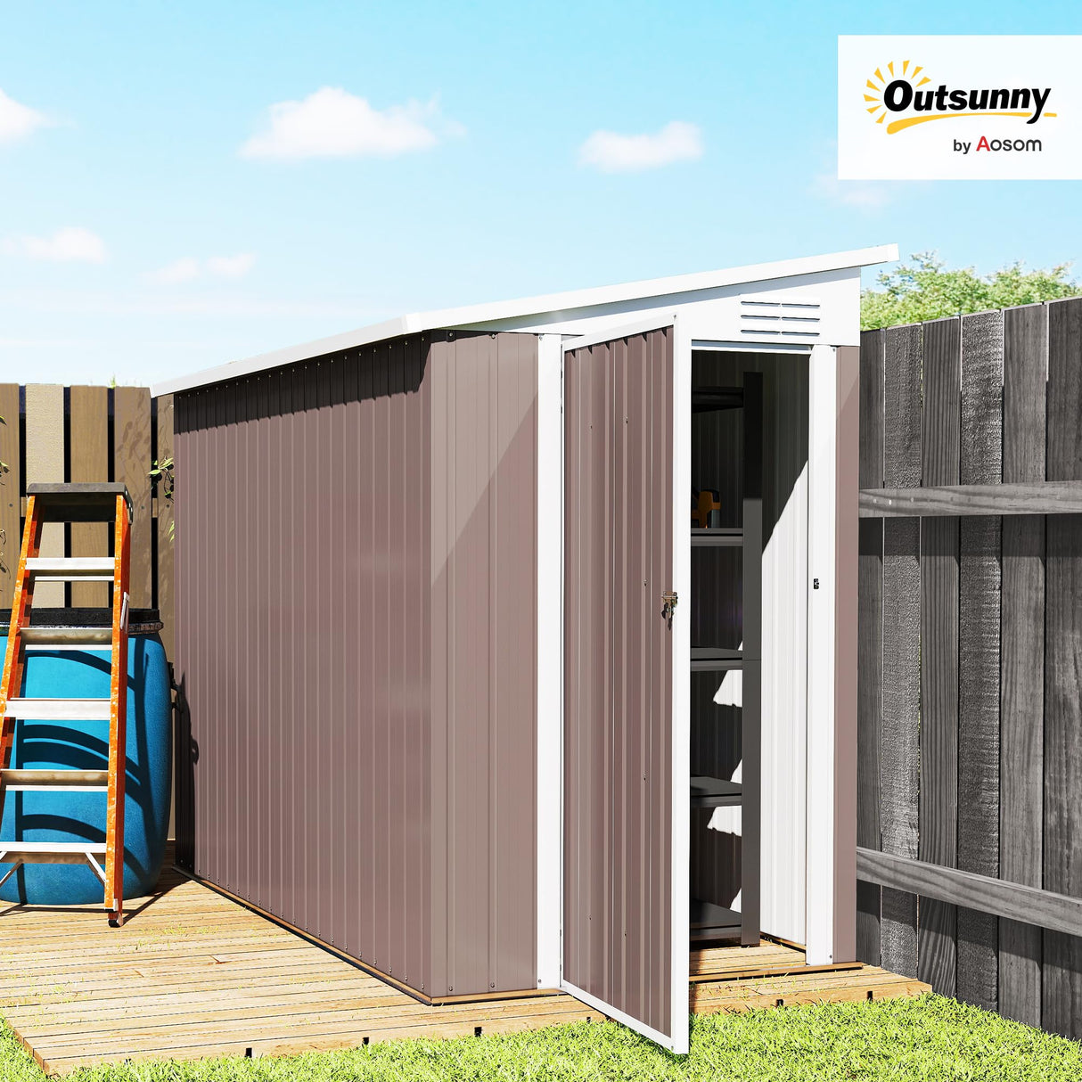 Outsunny 4' x 8' Metal Outdoor Storage Shed, Lean to Storage Shed, Garden Tool Storage House with Lockable Door and 2 Air Vents for Backyard, Patio, Lawn, Brown Outsunny