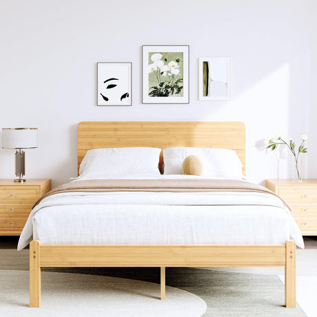 BOSRII 14in High Solid Bamboo Wood Platform Queen Size Bed Frame with Headboard, Reinforced Heavy Duty Metal Slats, Noise Free, No Box Spring Needed, Easy Assembly BOSRII