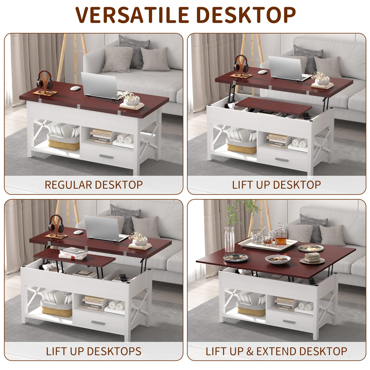 Lift Top Coffee Tables for Living Room, 42“ Multi-Function Coffee Table Converts to Dining Table, Modern Center Table with Storage Drawer and Hidden Compartments, Coffee Table with Lifting Top, White VAXZOFI