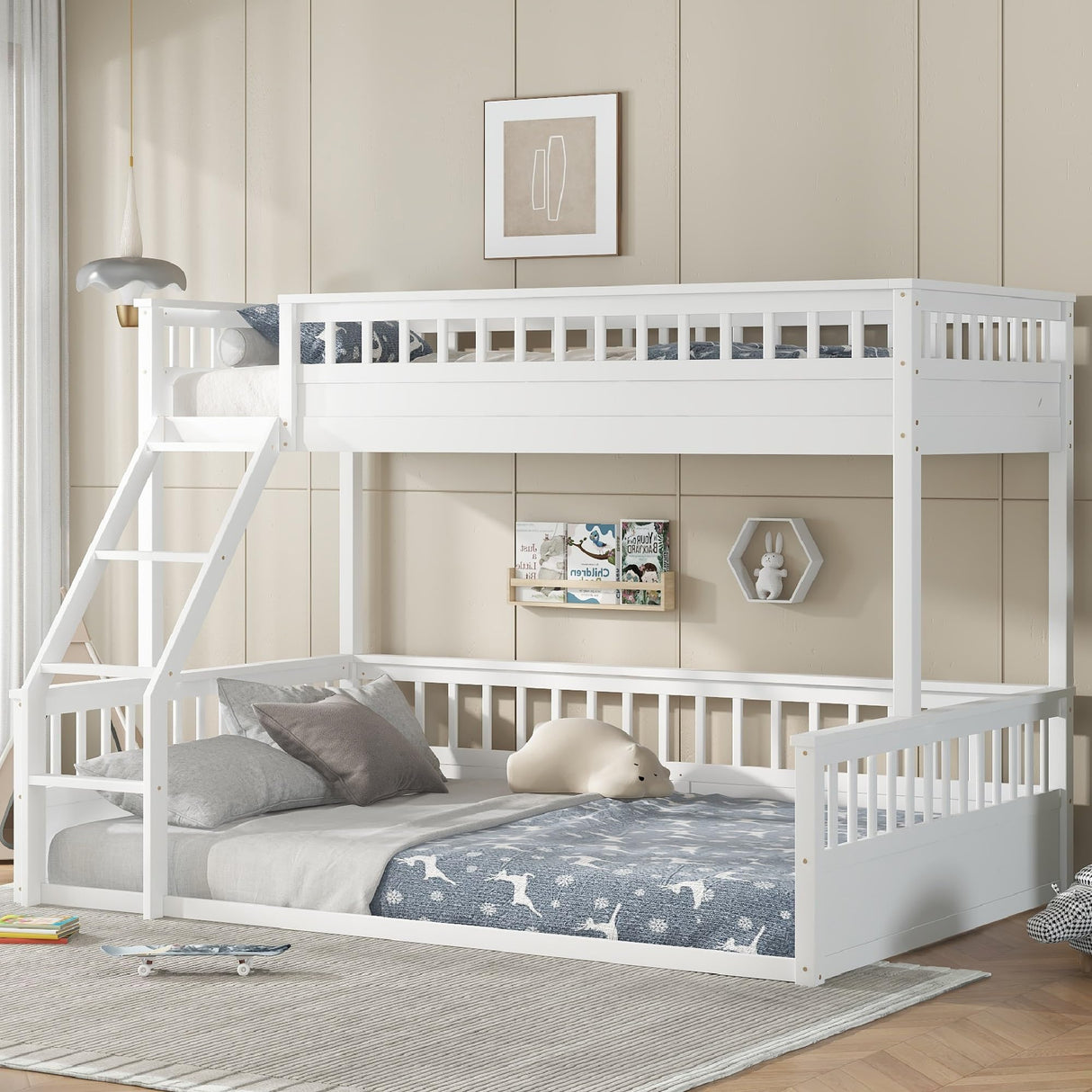 KEIKI Twin XL Over Queen Floor Bunk Bed, White Wooden Bunk Bed Frame with Ladder & Guardrail, Convertible to 2 Separated Kids Beds for Teens Bedroom, Easy Assembly, White KEIKI