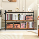 HCHQHS Bookshelf, 3-Tier Long Industrial Bookcase, Rustic Open Book Shelf, Freestanding Horizontal Bookshelves with Metal Frame HCHQHS