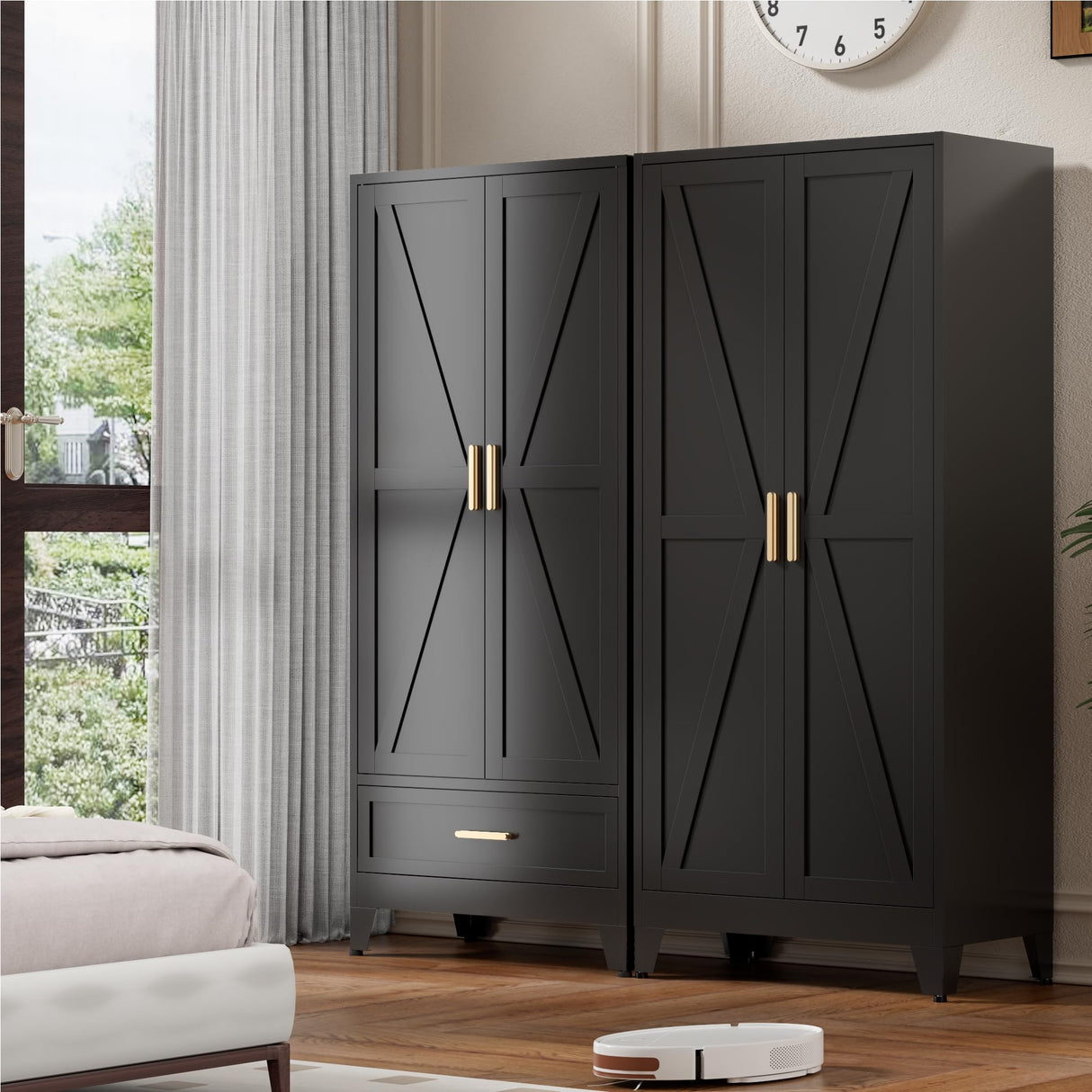 Washsemba 71'' Black Farmhouse Metal Wardrobe Cabinet with Hanging Rod, 2 Barn Door Wardrobe Closet with Adjustable Shelves,Drawer,for Dining Room,Bedroom,Living Room, Cloak Room,Office Washsemba