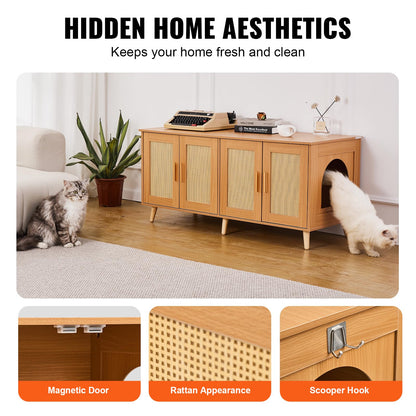 VEVOR Cat Litter Box Enclosure for 2 Cats, Litter Box Furniture Hidden with Rattan Decorated Doors, Wooden Cat Box Cabinet Fit Most of Litter Box, 47.2" L x 19.7" W x 21.7" H, Natural