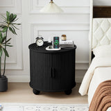 RUSTYER Farmhouse Round End Table with Charging Station, 24" Large Fluted Sofa Side Table with Sliding Tambour Door & Storage, Mid-Century Wood Nightstand for Living Room, Bedroom (Black) RUSTYER