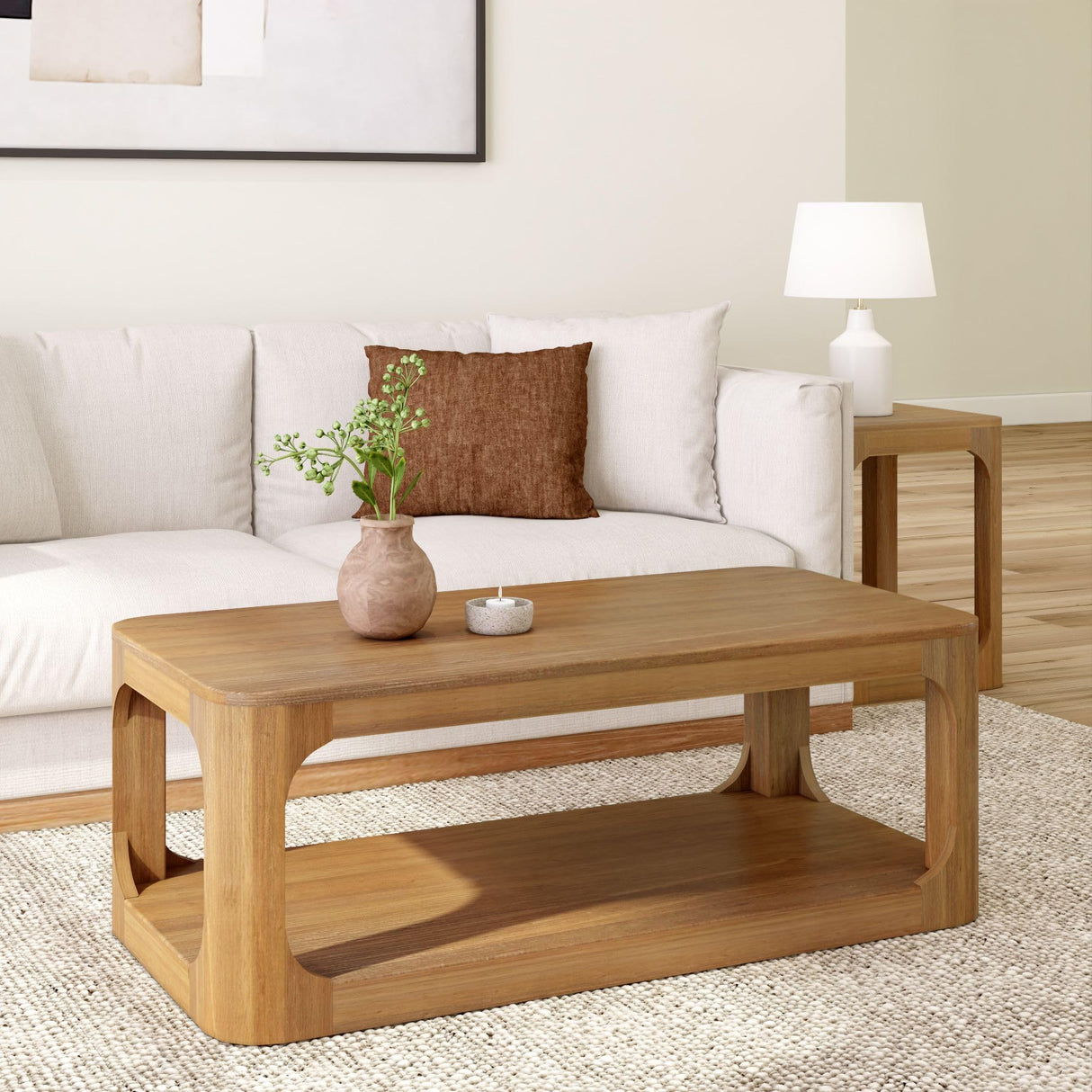Plank+Beam Forma Coffee Table, Solid Wood 48 Inch Modern Coffee Table with Shelf, Contemporary Center Table with Storage Space, Rectangle Tea Table with Storage, Pecan Plank+Beam