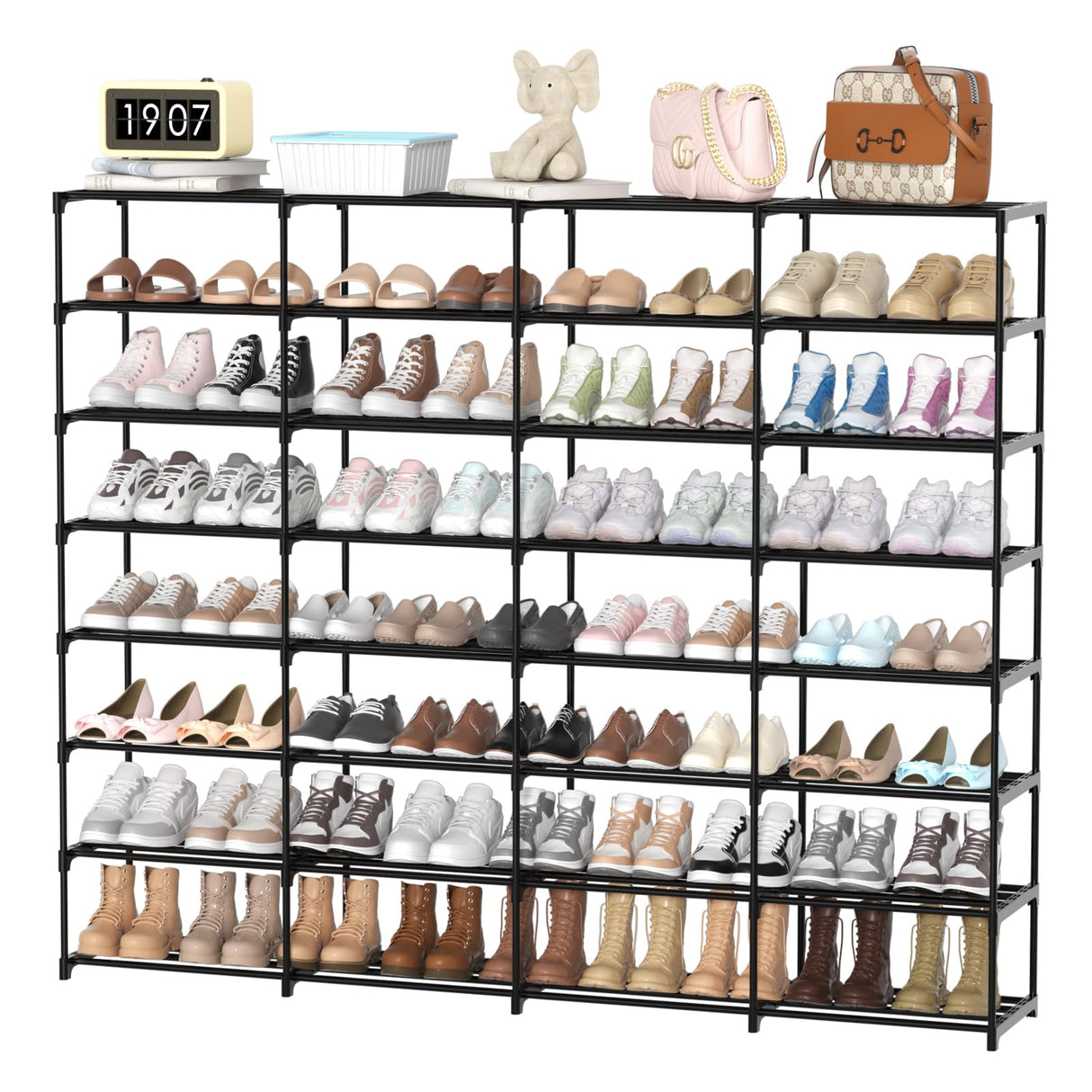 DYJIEKAI Large Shoe Rack Organizer, 4-Row 8-Tier Tall Shoe Storage Shelf for Closet, Entryway, Garage, Metal Free Standing Shoe Holder for 56-64 Pairs Shoes, Sturdy Stackable Shoe Stand for Bedroom DYJIEKAI