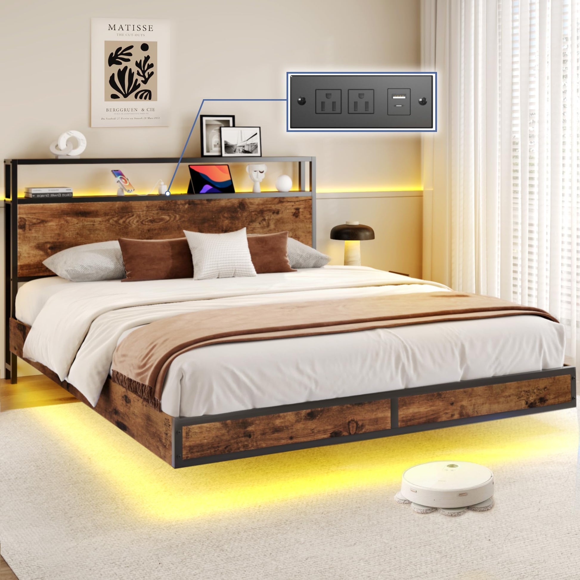 Lifezone Vintage Brown Floating Queen Bed Frame with LED Lights and Charging Ports - WoodArtSupply