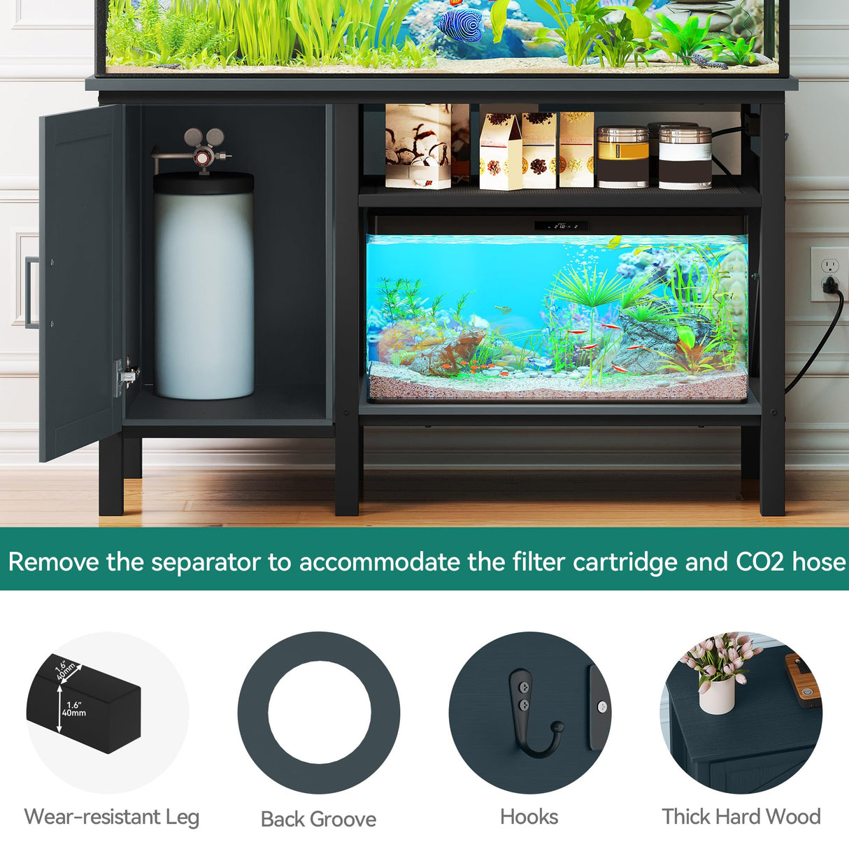 YITAHOME 55-75 Gallon aquarium stand with Power Outlets, Heavy Duty Metal Fish Tank Stand, Cabinet for Fish Tank Accessories Storage suitable for Fish Tank, Turtle Tank, 880LBS Capacity, Black YITAHOME