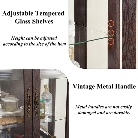 lunhung 3-Tier Lighted Glass Display Curio Cabinet with 2 Tempered Glass Doors & 1 Drawer,Curio Case with Mirrored Back Panel & Adjustable Shelves,Wine Display Cabinet for Living Room,Kitchen(Cherry) lunhung