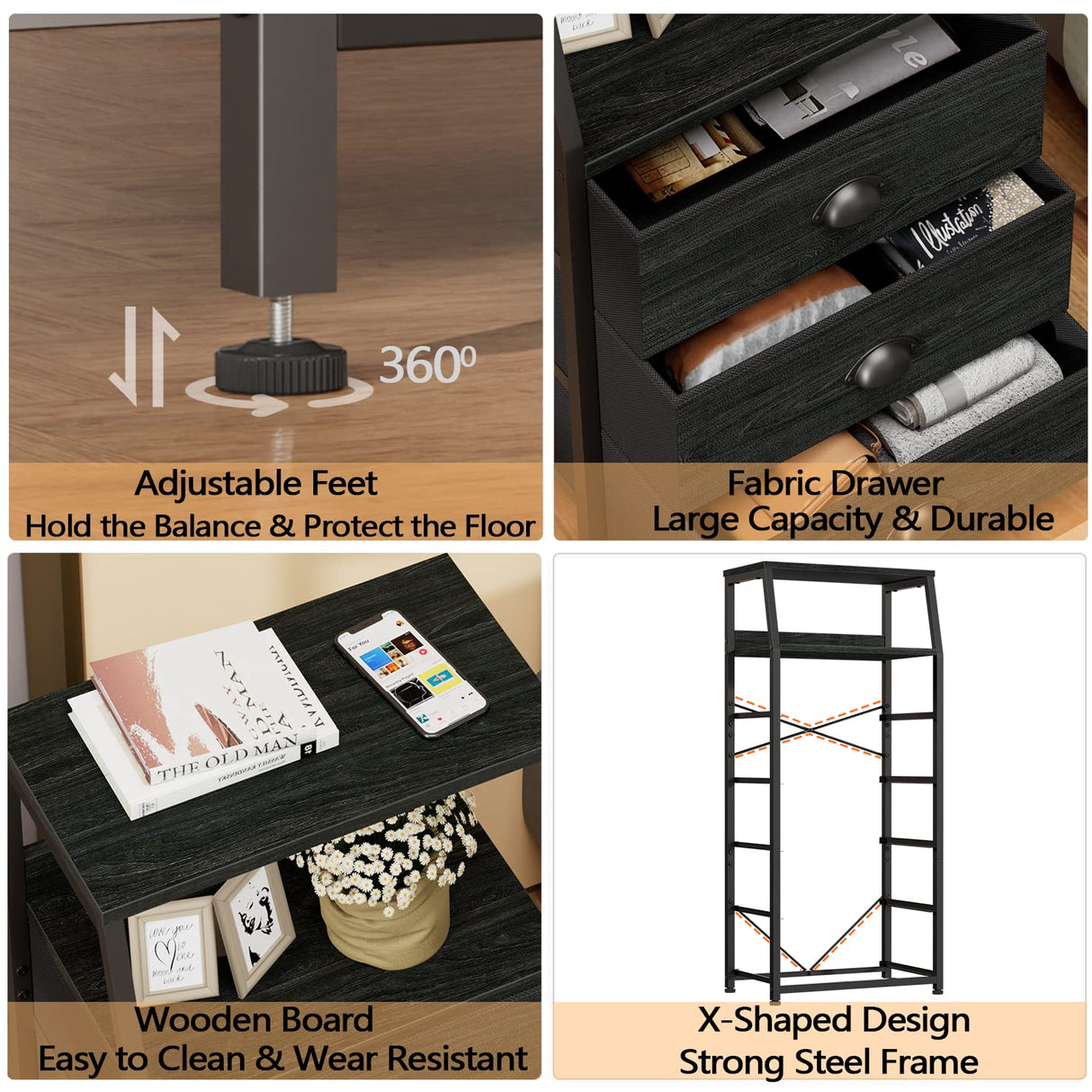 Furnulem Black Dresser with 5 Drawers, Vertical Storage Tower Fabric Dresser for Bedroom, Hallway, Entryway, Nursery, Closet Organizer, Nightstand Bedside Table Furniture, Sturdy Steel Frame, Wood Top Furnulem