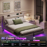 Halitaa King Size Floating Bed Frame with LED Lights, Lift-Up Storage, and Charging Station in White PU Leather Halitaa