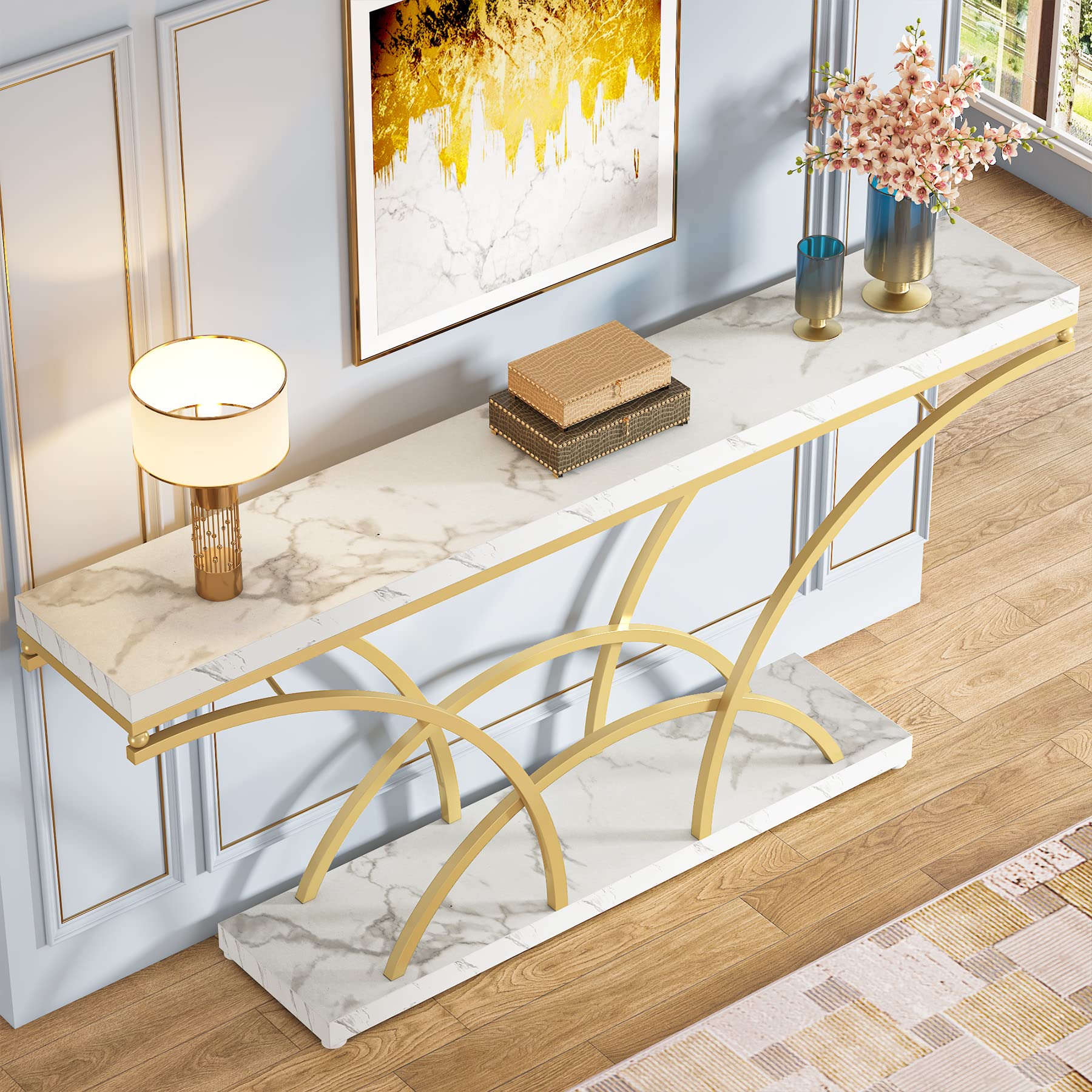 Tribesigns 70.9 Inch Long Console Table for Entryway,Gold Sofa Table with White Faux Marble Tabletop,Mid Century Accent Table with Half-Moon Shape Legs - WoodArtSupply