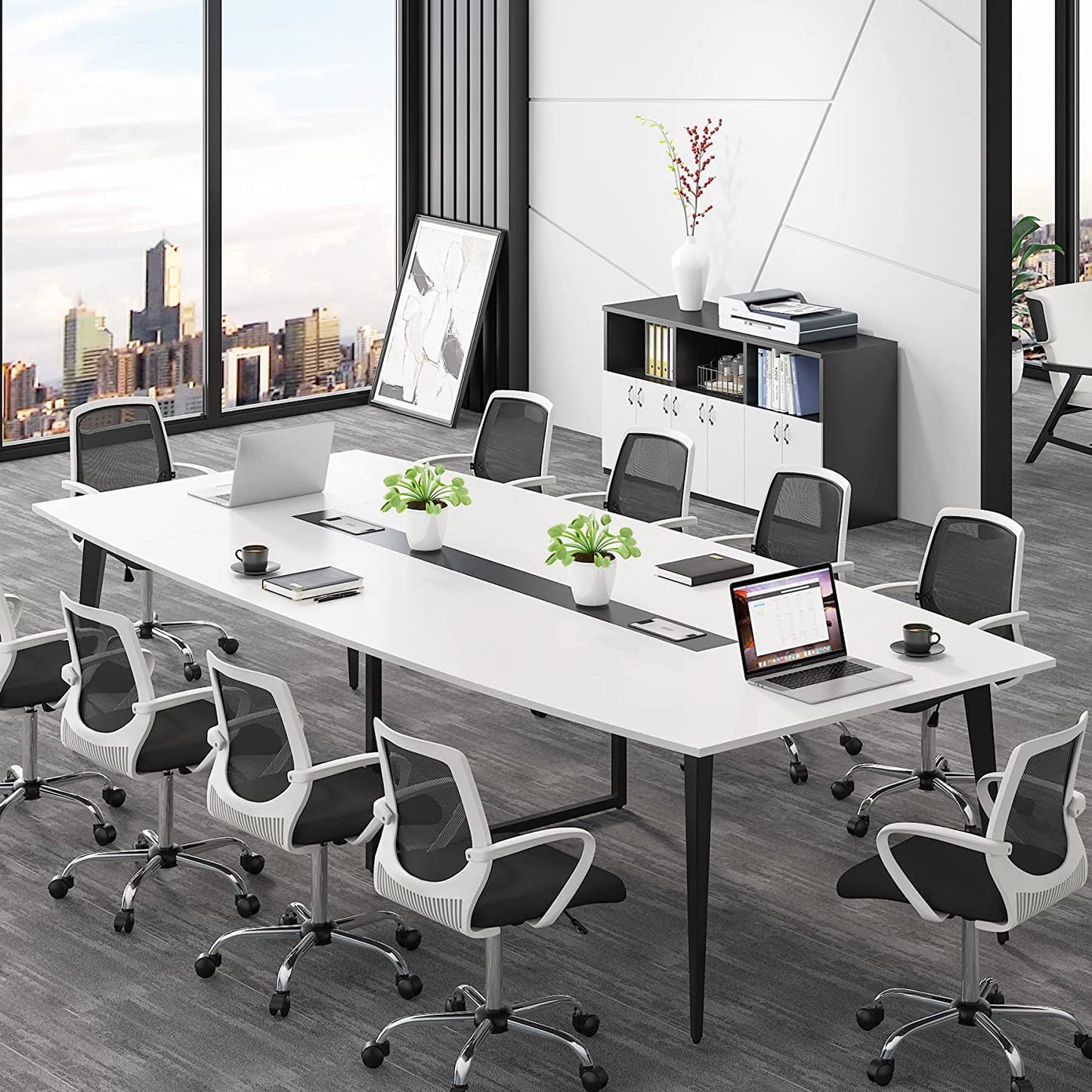 Tribesigns 8FT Conference Table, 94.48L x 47.21W x 29.52H Inches Boat Shaped Meeting Table with Rectangle Grommet, Modern Seminar Table for Office Meeting Conference Room (White & Black, 8ft)