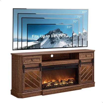 OKD 75” Fireplace TV Stand for 85 Inch TV,Farmhouse Highboy Entertainment Center with 36” Electric Fireplace,Modern Media Console Table with Drawers Storage&Cabinets for Living Room,Reclaimed Barnwood