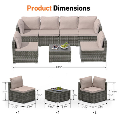 Covered Outdoor Patio Furniture Set, 7 Pieces Patio Furniture Sets with Glass Table, All-Weather PE Wicker Outdoor Couch Sectional Set, Outdoor Furniture Set for Garden/Patio/Ottoman, Grey - WoodArtSupply