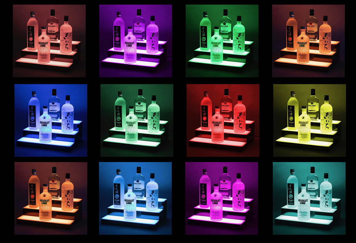 Boss Premium® BarUSA™ LED Lighted Bar Shelf Display Liquor Bottle Alcohol Whiskey Shelves Rack Stand Tray Units for Home Bar Living Room Accessories and Decor - Designed in USA (3-Step, 28 Inch) Boss Premium