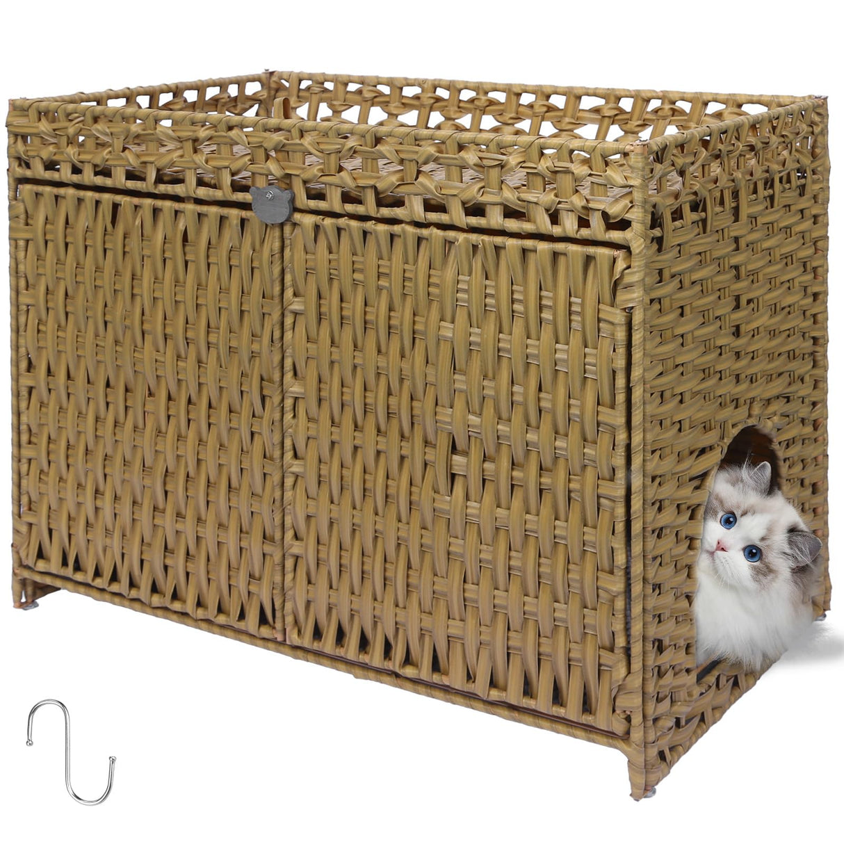 Cat Litter Box Enclosure Furniture Hidden Cabinet - Handwoven Rattan Pet House with 2 Removable Mats - Large Foldable Design for Privacy - Fits Living Room, Bedroom, Balcony Natural Neti Neti