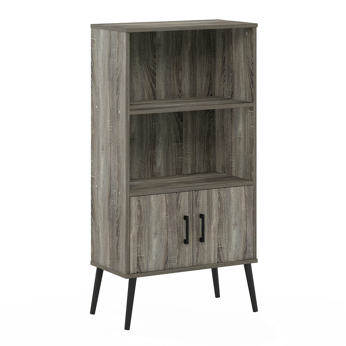 Furinno Claude Mid Century Style Accent Wooden Leg Bookcase Cabinet with Storage Organizer Shelves, French Oak Grey Furinno