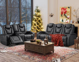 ANJ Recliner Sofa,Power Reclining Couch with USB Ports and Cup Holders - Overstuffed Electric Living Room Seating PU Leather Recliner Sofa Set with Hidden Arm Storage, Easy to Clean (Black) ANJ