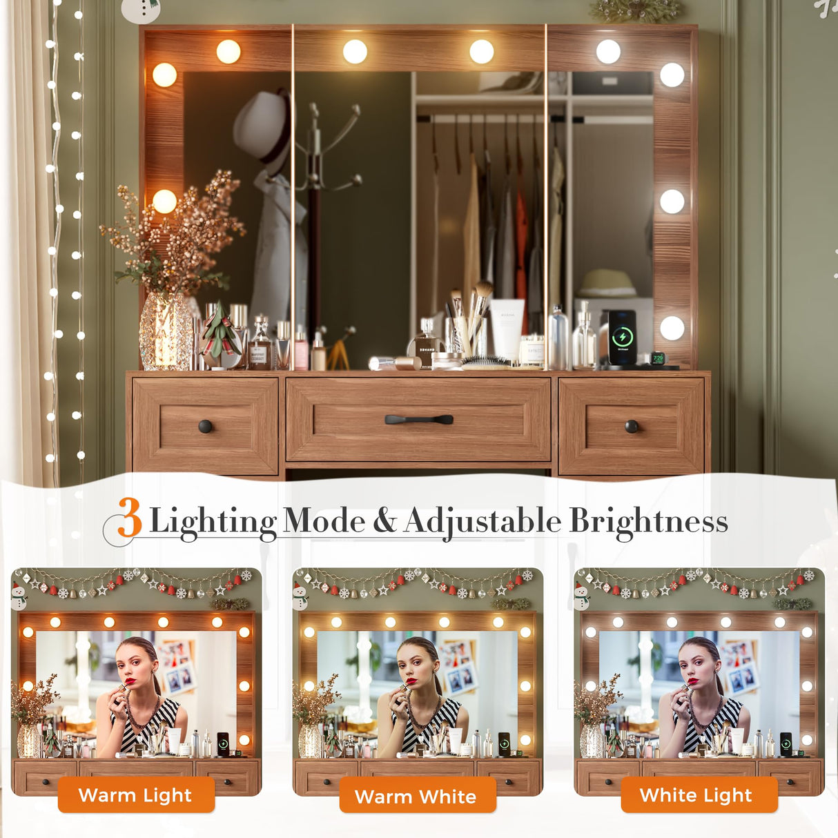 SPERTIKC Vanity Desk with Lights 3 Models Settings, Brown Vanity with Chair, Make up Vanity Desk with Mirror and Lights,Vanity with 5 Drawers for Bedroom, Dressing Room SPERTIKC