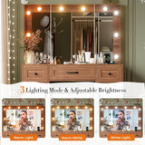 SPERTIKC Vanity Desk with Lights 3 Models Settings, Brown Vanity with Chair, Make up Vanity Desk with Mirror and Lights,Vanity with 5 Drawers for Bedroom, Dressing Room SPERTIKC