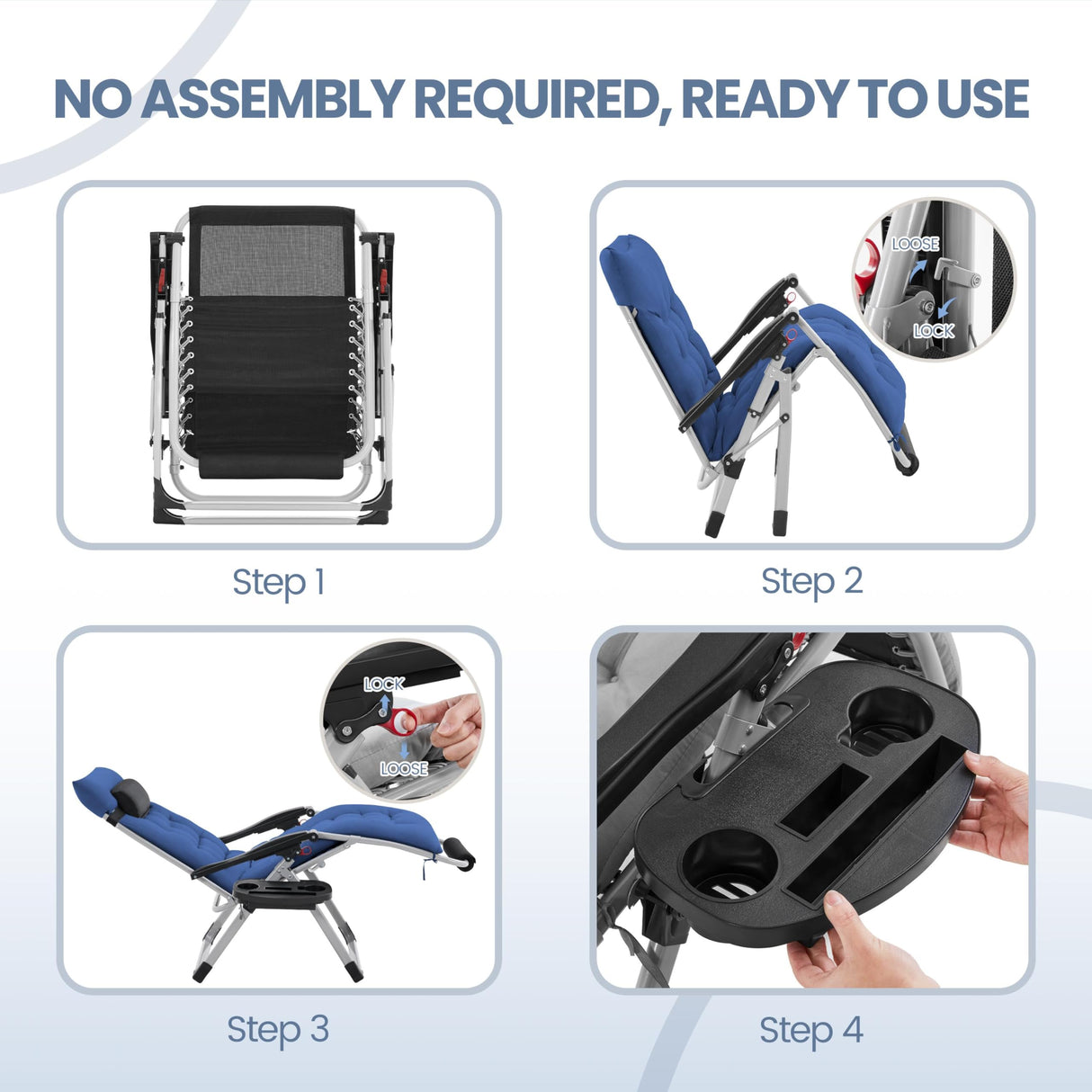 Yaheetech Zero Gravity Chair, Folding Reclining Lounge Recliner with Removable Pad & Headrest & Side Cup Holder Tray for Indoor and Outdoor Navy Blue/2 Yaheetech