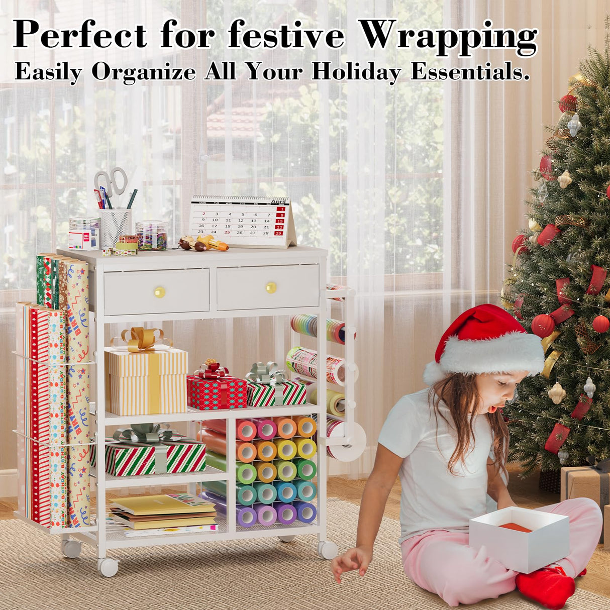 Large Craft Wrapping Paper Organizers Cart, Rolling DIY Storage for Birthday & Holiday with 2 Fabric Drawers, Lockable Wheels Cart for Vinyl Roll, Paints, Craft Supplies, Multi-Tier Craft Tape Holder Lyuwanxian