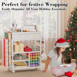 Large Craft Wrapping Paper Organizers Cart, Rolling DIY Storage for Birthday & Holiday with 2 Fabric Drawers, Lockable Wheels Cart for Vinyl Roll, Paints, Craft Supplies, Multi-Tier Craft Tape Holder Lyuwanxian