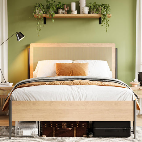 GarveeHome Queen Size Bed Frame with Rattan Headboard, Rattan Queen Platform Bed Boho Style with Strong Metal Slats Support, Under Bed Storage, Noise-Free, No Box Spring Needed, Light Oak GarveeHome