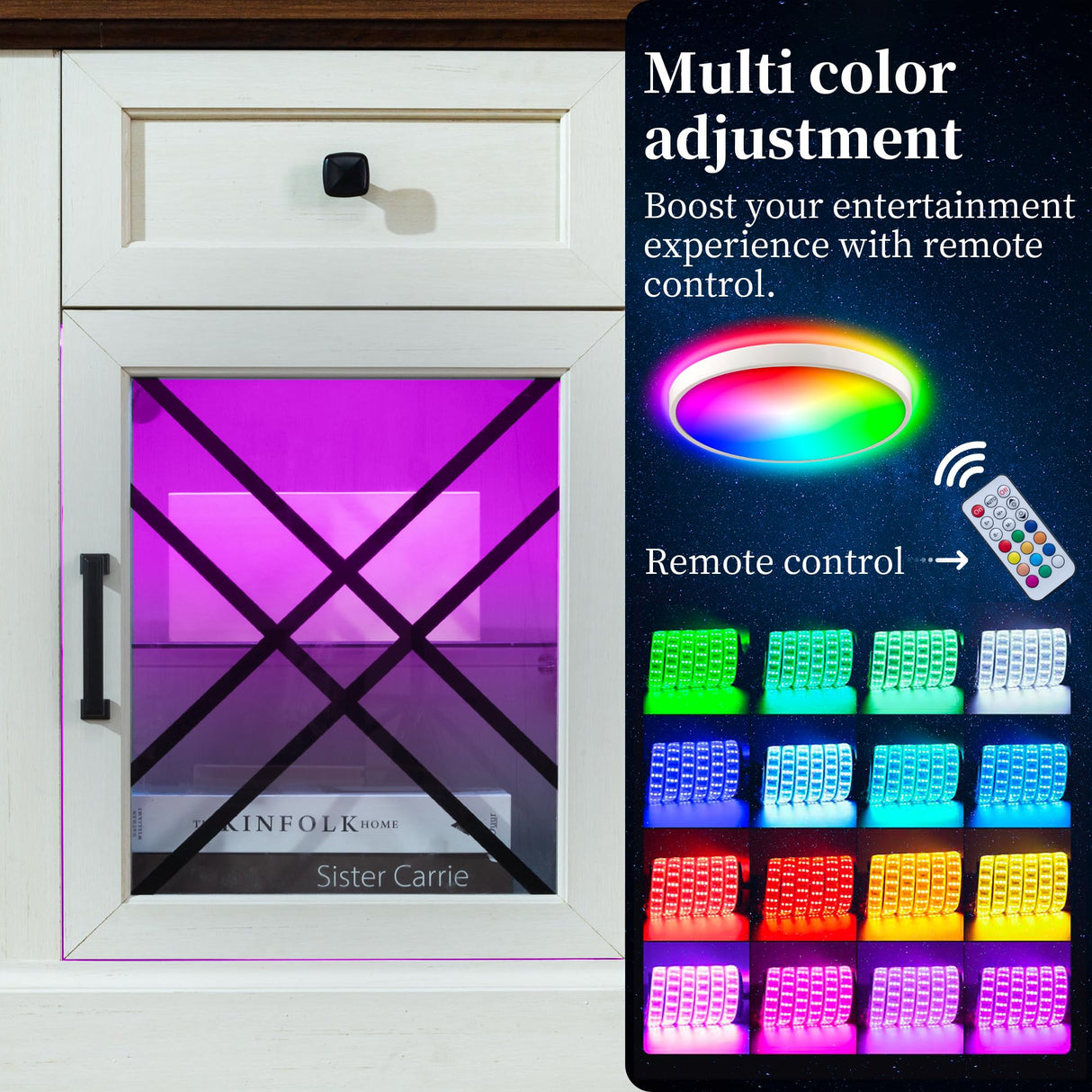 ENOUSHU 70 inch Farmhouse TV Stand Table for 75 80 inch TV, Modern Entertainment Center with LED Lights and Glass Doors, Wooden White tv Stands for Living Room ENOUSHU