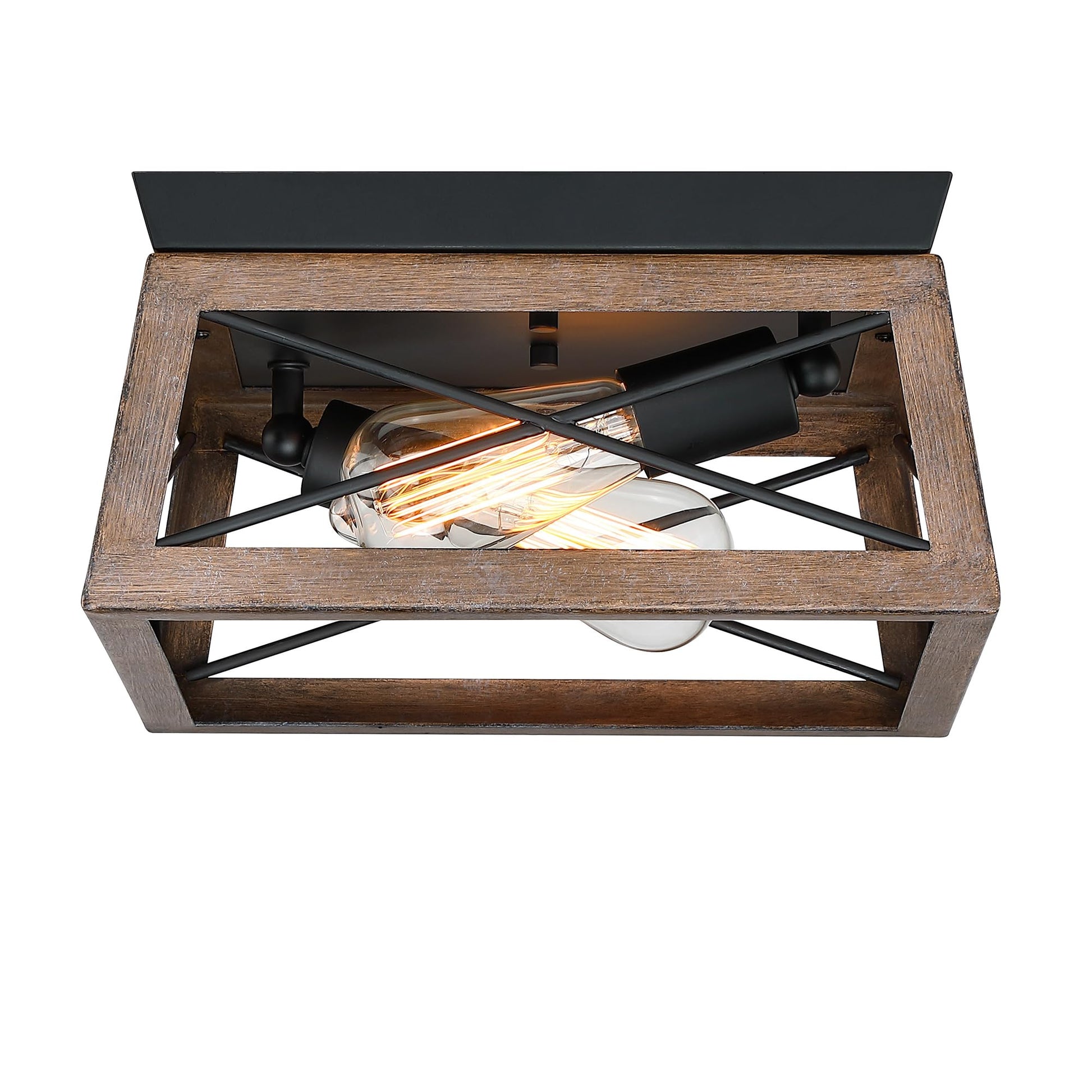 2-Light Black and Wood Flush Mount Ceiling Light with Bronze Wood Grain Farmhouse Ceiling Light for Closet Hallway Entryway Vintage Industrial Cage Light Fixture,E26 - WoodArtSupply