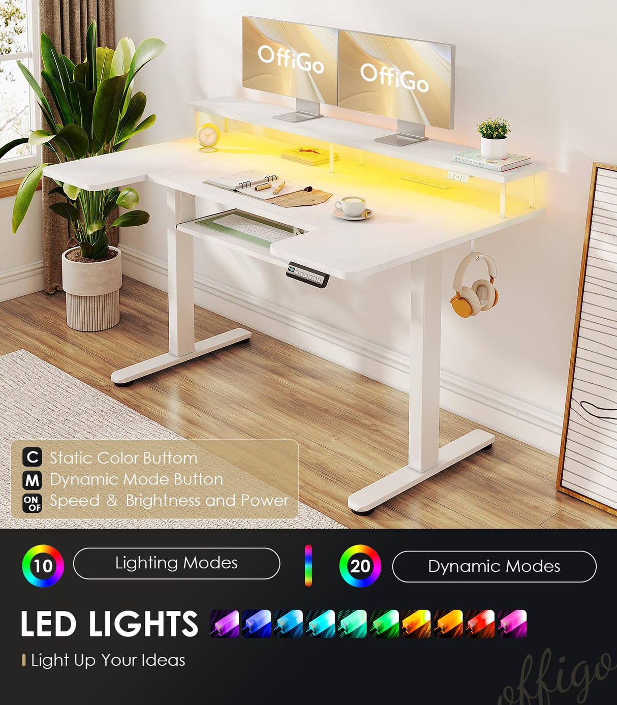 OffiGo U Shaped Electric Standing Desk with Keyboard Tray, 55 Inch Height Adjustable Desk with Power Outlets & LED Lights, Sit Stand Table with Monitor Stand for Home, Office, White OffiGo