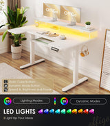 OffiGo U Shaped Electric Standing Desk with Keyboard Tray, 55 Inch Height Adjustable Desk with Power Outlets & LED Lights, Sit Stand Table with Monitor Stand for Home, Office, White OffiGo