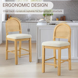 Rattan Counter Height Bar Stools Set of 2, Upholstered Farmhouse Barstools with Natural Rattan Back, Wooden Legs for Kitchen Island, Natural/Linen KISLOT