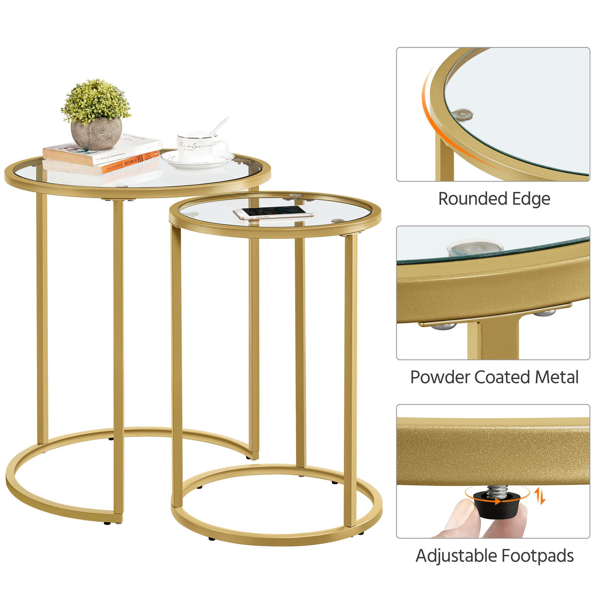 Yaheetech Round Nesting Side Table Stacking Coffee Table, Set of 2 Circular End Tables w/Metal Frame & Tempered Glass Top & Protective Foot Pads for Small Space Living Room Office, Mustard Gold Yaheetech