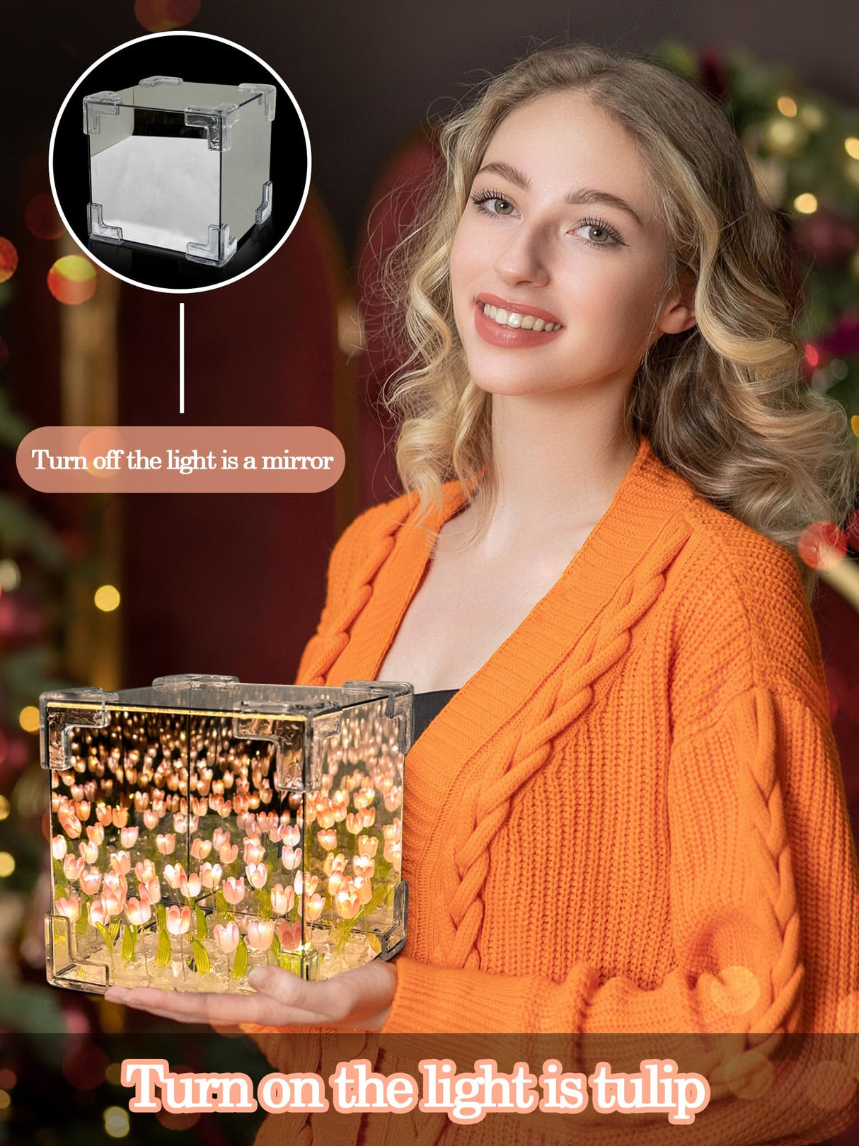 DIY Tulips Cube Mirror Lamp,Finished Tulip Night Light,Handmade Tulip Flower Magic Lights,Bedroom Living Room Desktop Decor for Mom,Girl,Couple,Friend Birthday Gift(Includes 13 LR44 Button Batteries) AQDZCNF