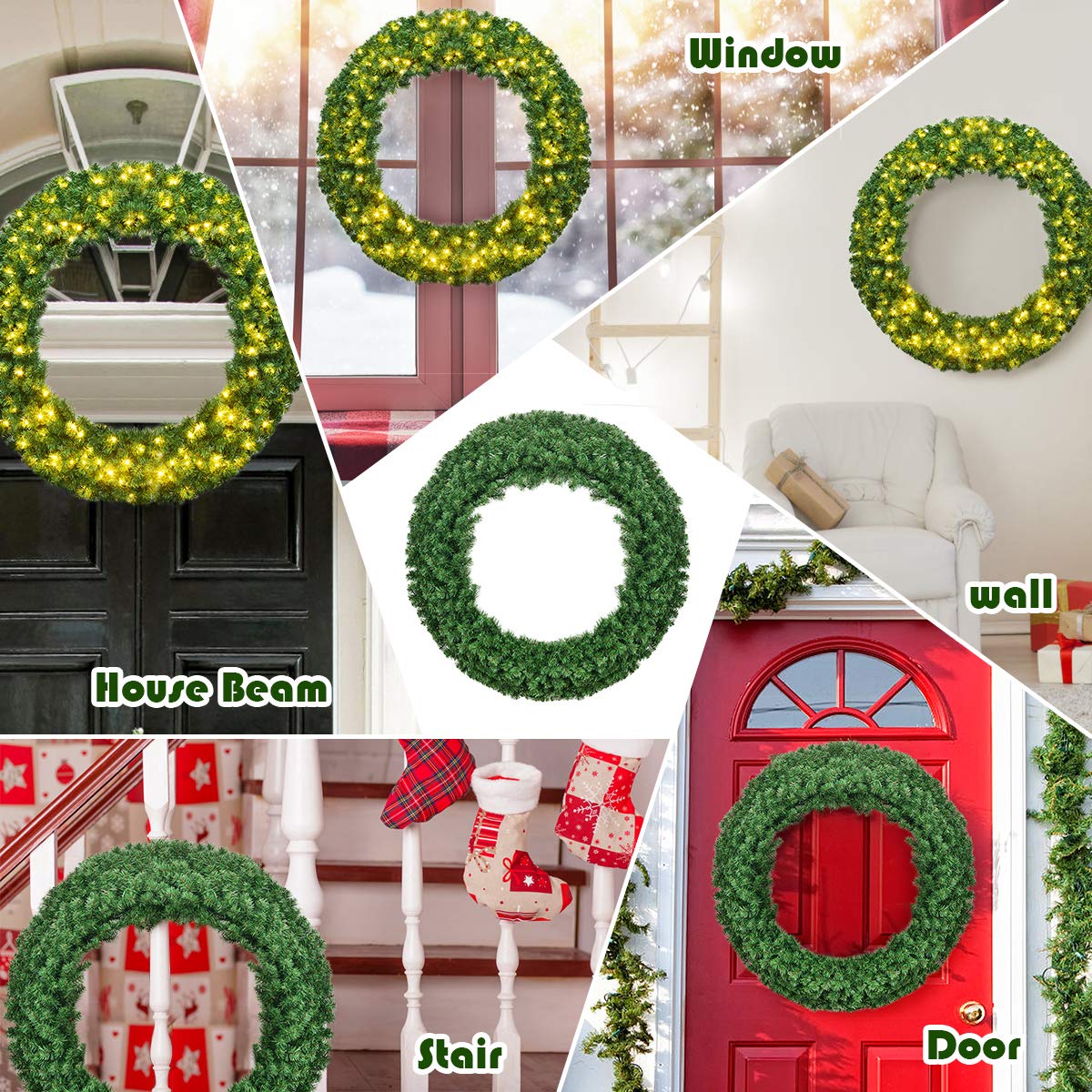 Goplus 48" Pre-lit Cordless Artificial Christmas Wreath, with 200 LED Lights and Timer, Hanging Xmas Decoration for Front Door Wall Home