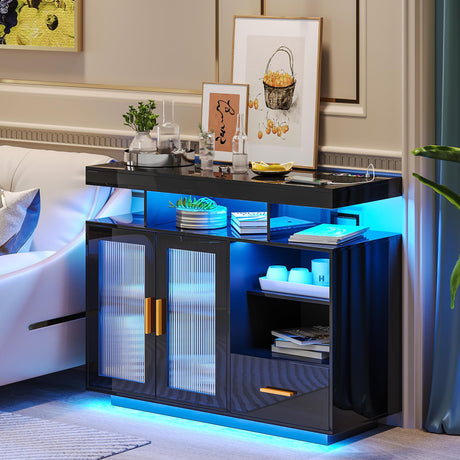 Modern Black SKKTKT LED Sideboard Buffet Cabinet with Charging Station and Adjustable 24-Colour Lights SKKTKT