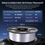 SUNLU 3D Printer Silk Filament,Shiny Silk PLA Filament 1.75mm, Smooth Silky Surface, Great Easy to Print for 3D Printers, Dimensional Accuracy +/- 0.02mm, Silk Silver 1KG SUNLU