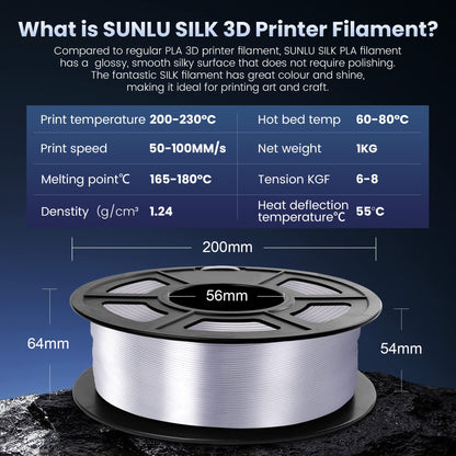 SUNLU 3D Printer Silk Filament,Shiny Silk PLA Filament 1.75mm, Smooth Silky Surface, Great Easy to Print for 3D Printers, Dimensional Accuracy +/- 0.02mm, Silk Silver 1KG - WoodArtSupply