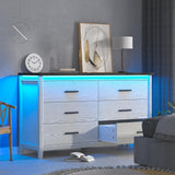 IKENO 6 Drawers Wood Dresser with LED, Storage Dresser for Bedroom, Wide Chest of Drawer with Metal Handles (White with LED) IKENO