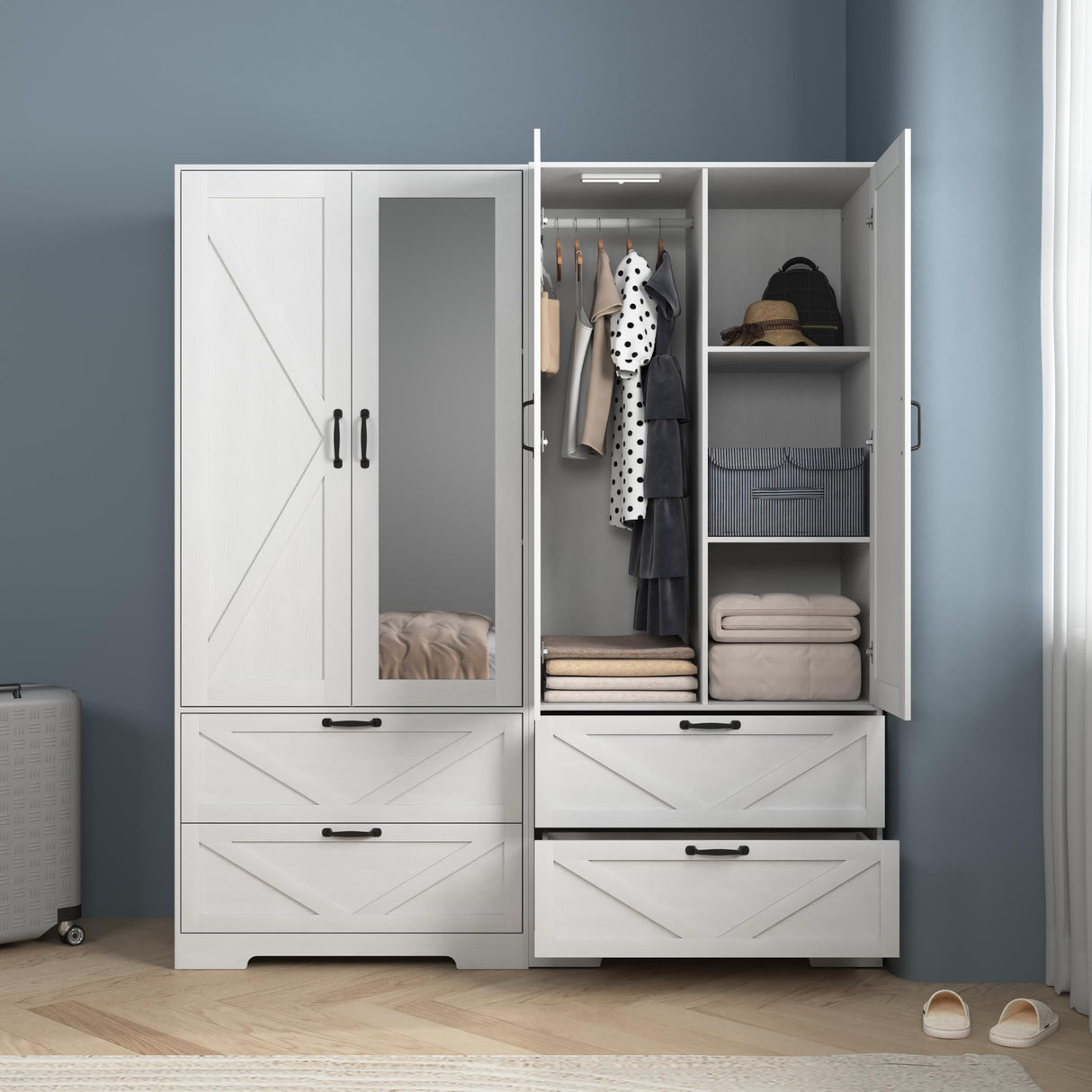 Armoire Wardrobe Closet, with 2 Rattan Doors, Freestanding Wooden Wardrobe Cabinet with 3 Storage Drawers and Hanging Rail, Wardrobe Armoire for Bedroom (White+Mirror) Rumiiro